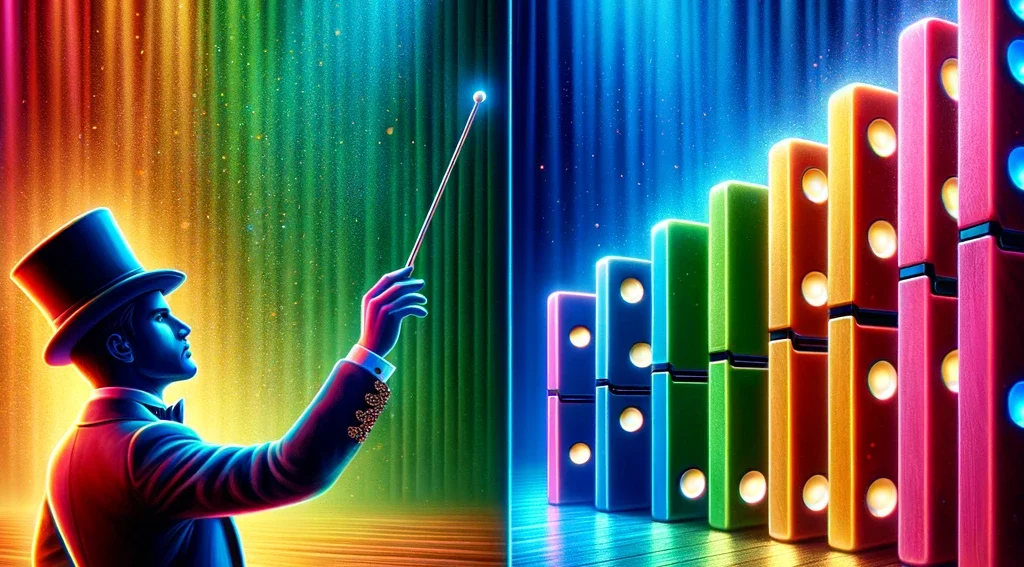 An orchestra conductor illustrates a moderator variable and dominoes lined up illustrate a mediator variable.