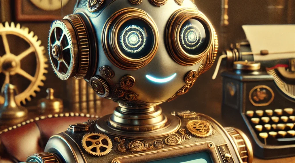 AI depicted as a gold colored steam-punk robot with gears and typewriters.