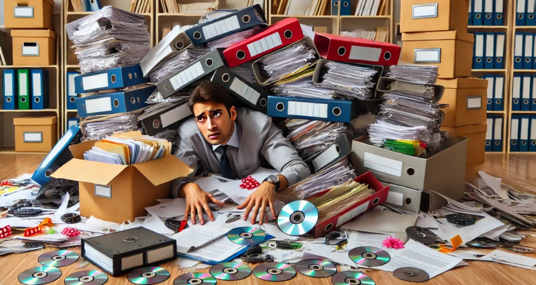 Man lying on floor buried in stacks of notebooks and CDs