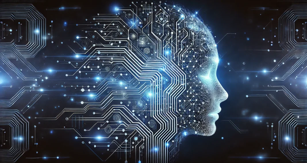 AI illustrated as a human head from the side with circuits and stars against a black background.