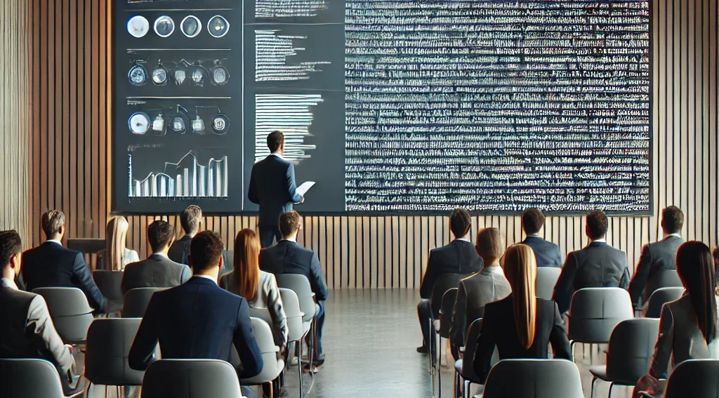 Man in front of a class of people with an entire wall of text and graphics on a screen behind him.