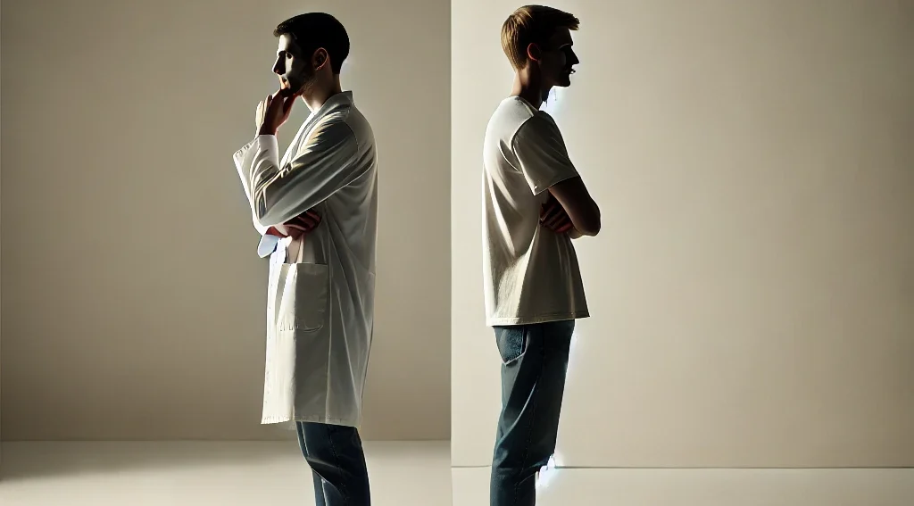 Two men standing back-to-back with on in a white lab coat and the other in jeans and a white t-shirt.