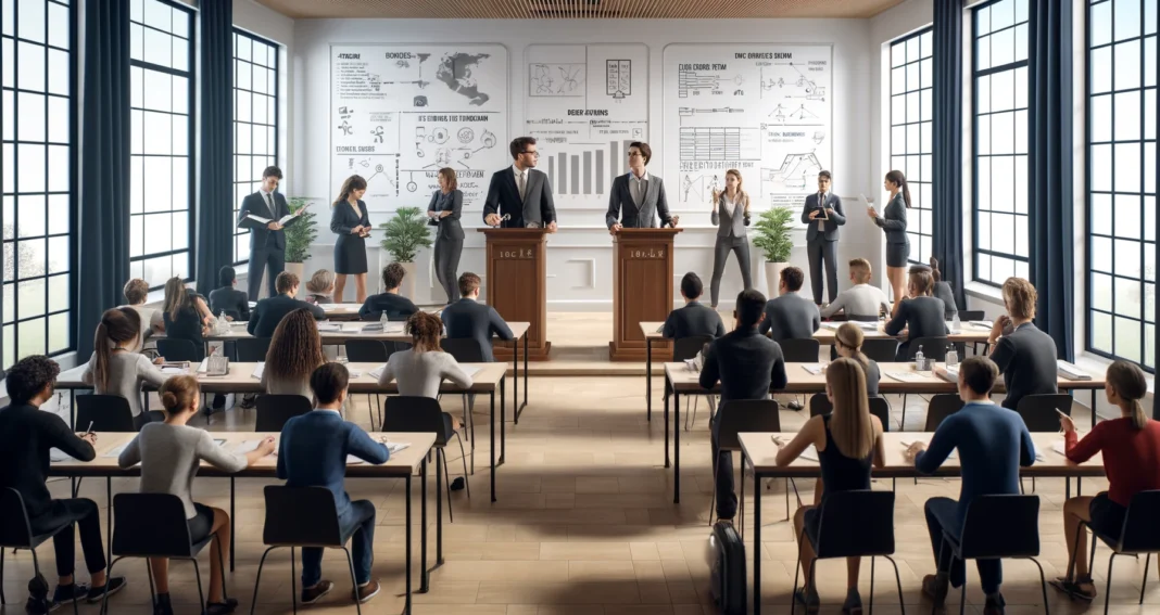 College classroom with two groups of students in the front with two podiums.