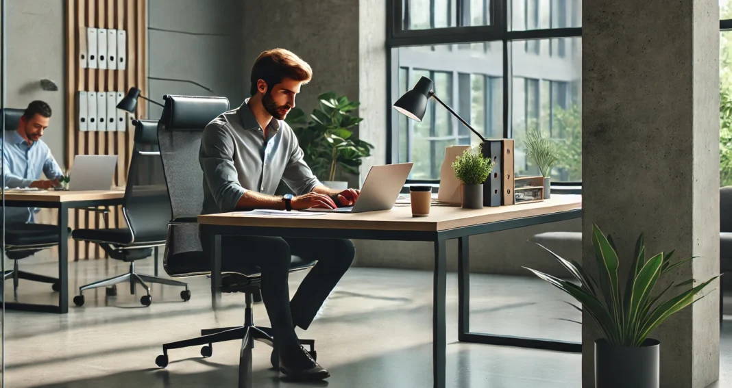 Man with a beard sitting at a table working on a laptop computer