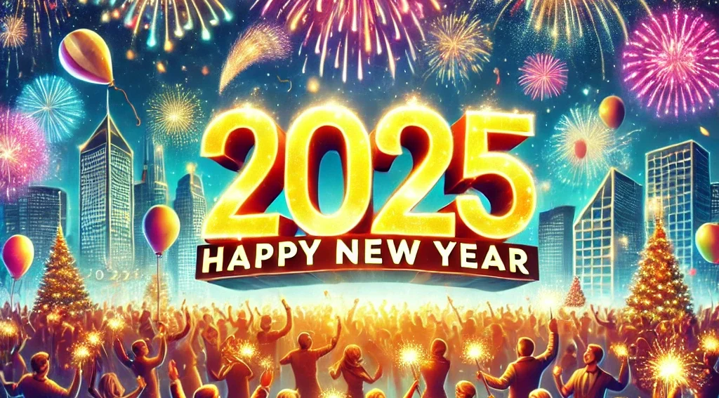 People celebrating with fireworks and "2025 Happy New Year" in the sky.