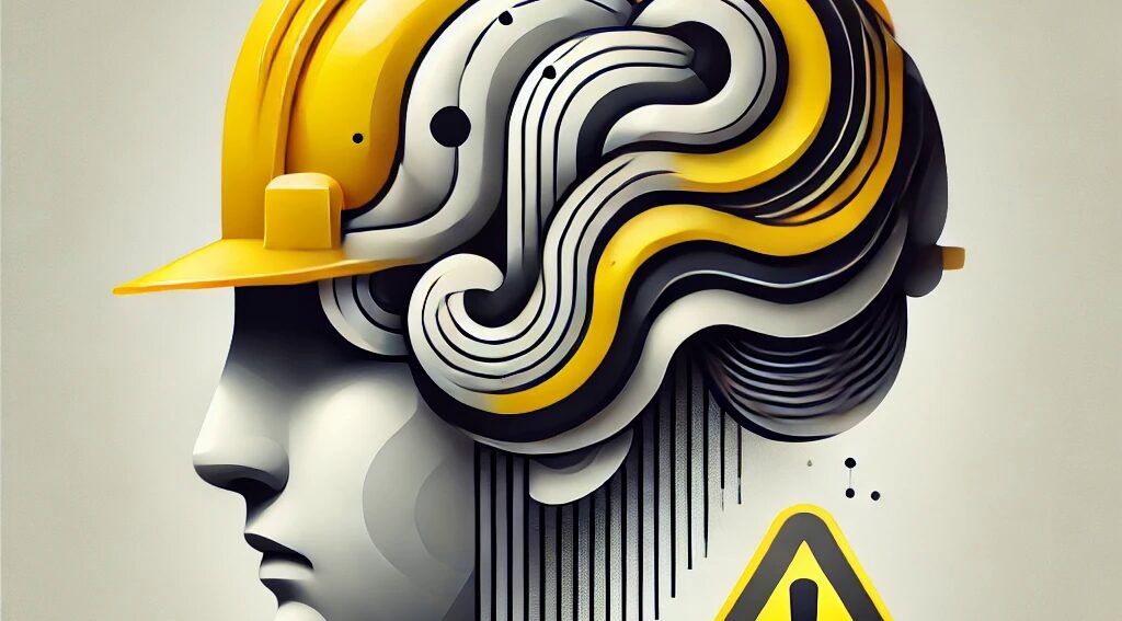 Man's head with a yellow hardhat and a swirly pattern representing his brain. There is a yellow warning triangle below.