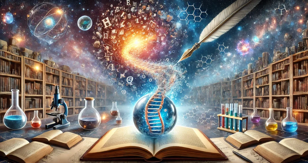 Picture of a beaker with large strands of DNA and a feather pen sitting on a table of open books