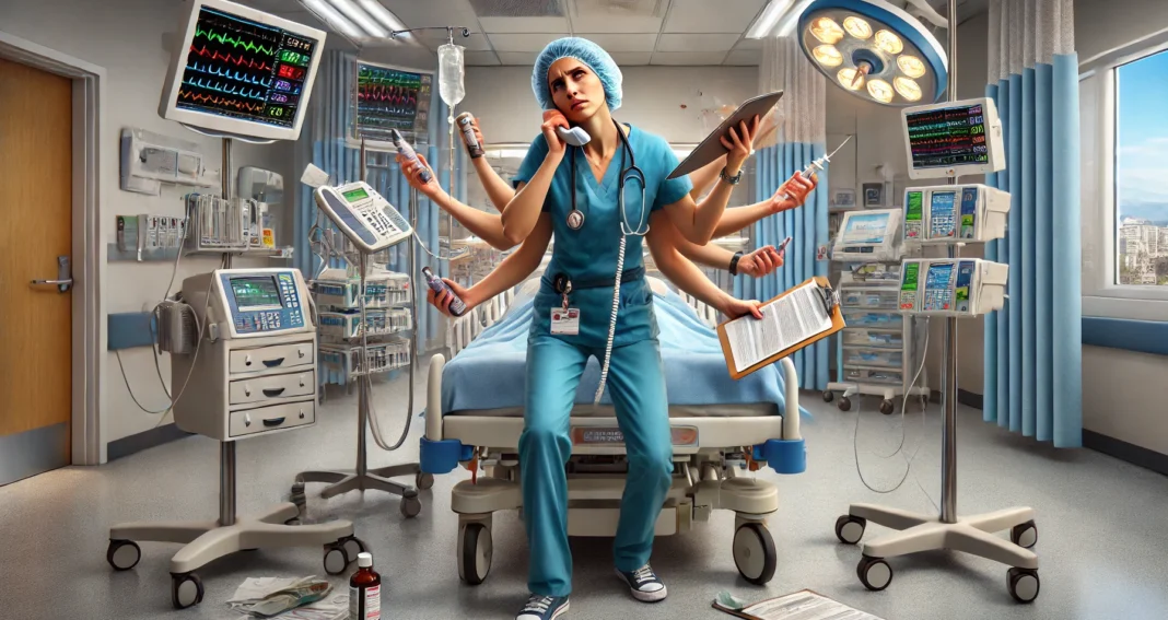 Nurse in front of a patient's bed wearing blue scrubs with eight hands, each doing a different task, such as holding a telephone, a clipboard, and a syringe.