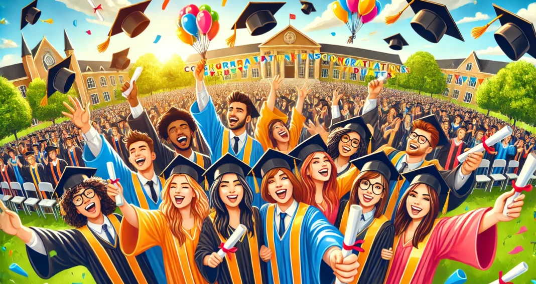 Cartoonish picture of a bunch of students in caps and gowns holding diplomas and throwing hats in the air.