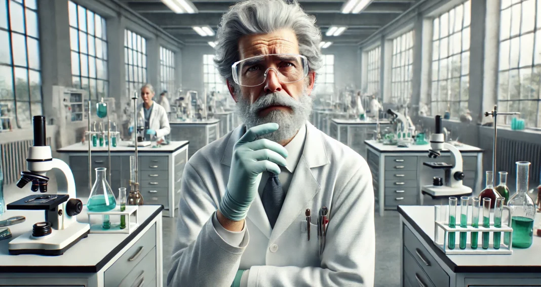 Image of an older male scientist with white hair, beard, and lab coat looking puzzled.