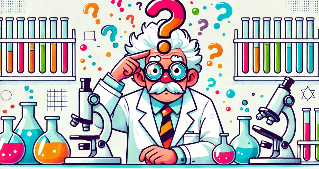 Cartoon of an old scientist with white hair thinking about something with question marks surrounding his head.