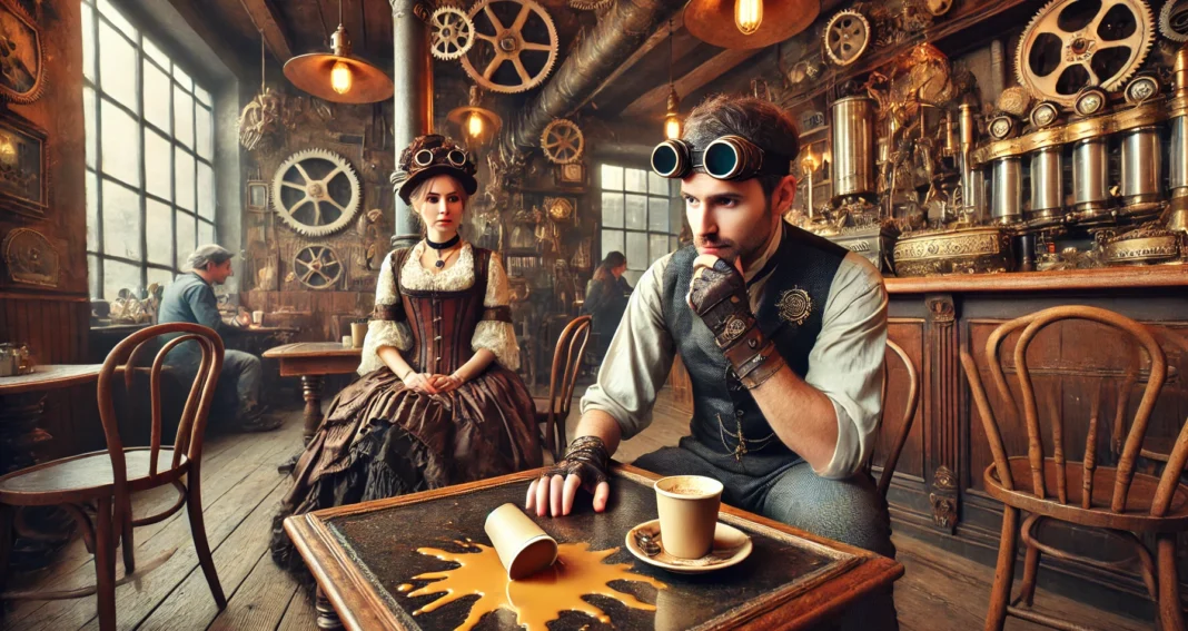 Steampunk style picture of a man with goggles and thumbless gloves sitting at a square table with a spilled coffee cup in front of him. A woman in a Victorian dress is watching him.