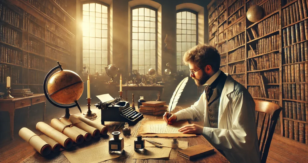 Bearded scientist sitting at a desk writing with a quill pen. Looks like late 1800s environment with a mechanical typewriter and ink bottle next to him..