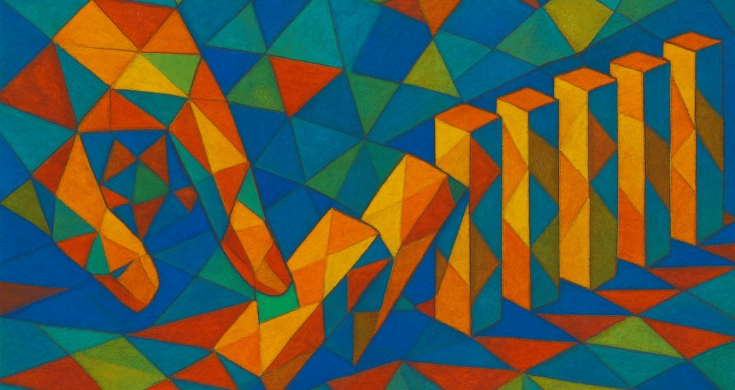 Cubist picture of a row of dominoes set up with a finger pushing the first one down to start the chain reaction illustrating how one can manipulate something to make a causal inference.