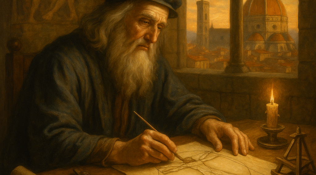 A classical painting of a Renaissance man resembling Leonardo da Vinci drawing at a desk in a dimly lit study.