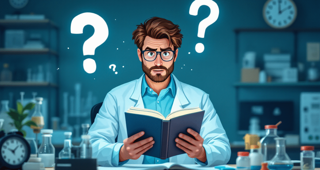 Male scientist sitting at a desk reading a book and looking puzzled.