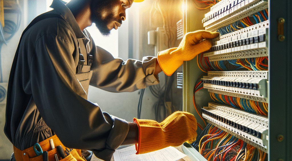 Black man with a hard hat and gloves working on an electrical panel.
