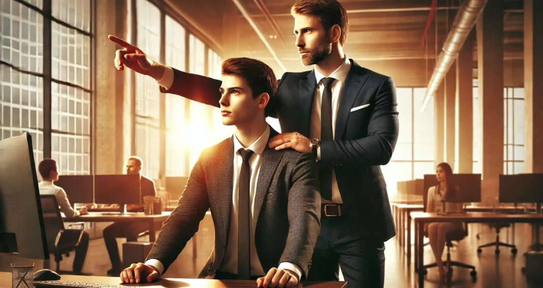 Older man standing behind a younger man with a hand on his shoulder and pointing to something in the distance.