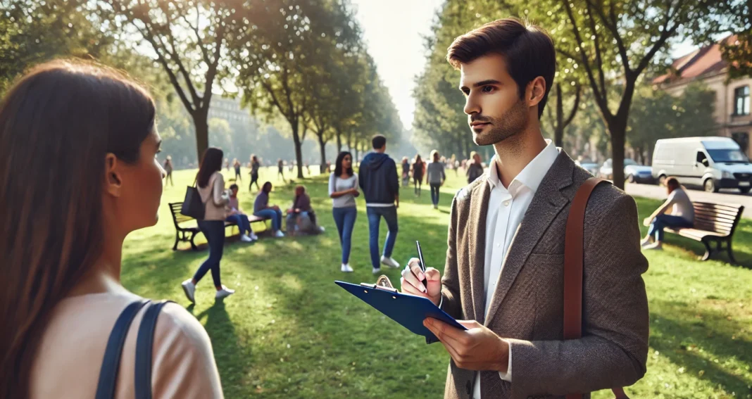 Young man with clipboard conducting survey with a young woman in a park